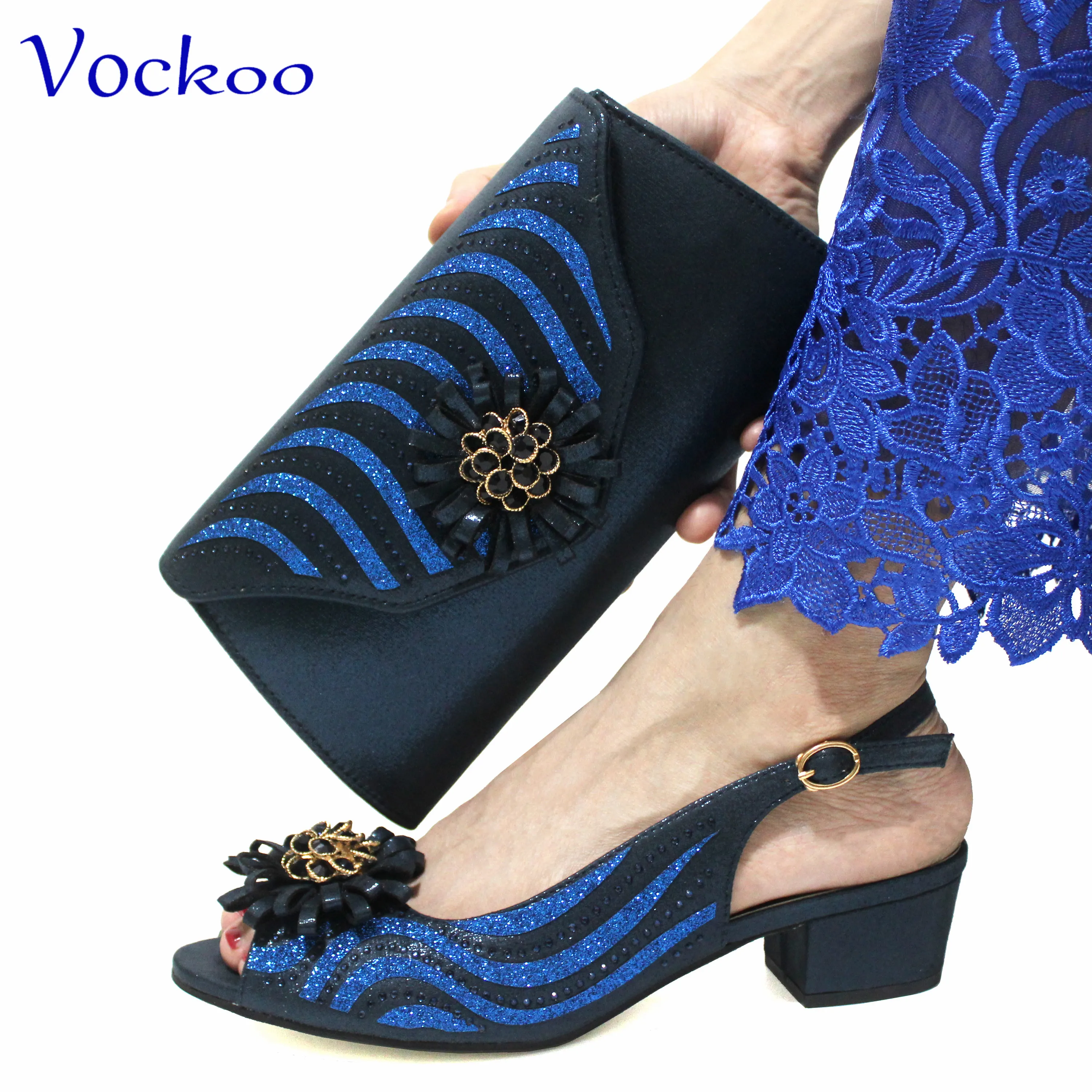 Low Heels New Arrivals Italian Design Nigerian Women Shoes and Bag Set in Dark Blue Color Comfortable Heels with Appliques for P