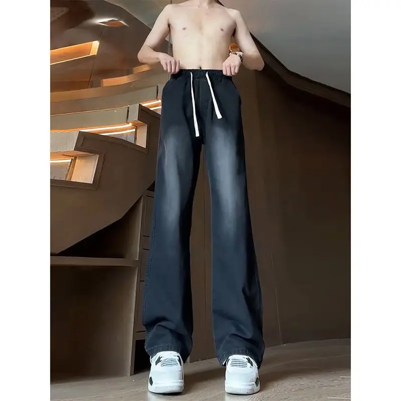 

Мужские джинсы-стринги с эластичным поясом, летние, удлиненные, прямые, свободные, в американском стиле, с легким расклешением, из хлопка и полиэстера...