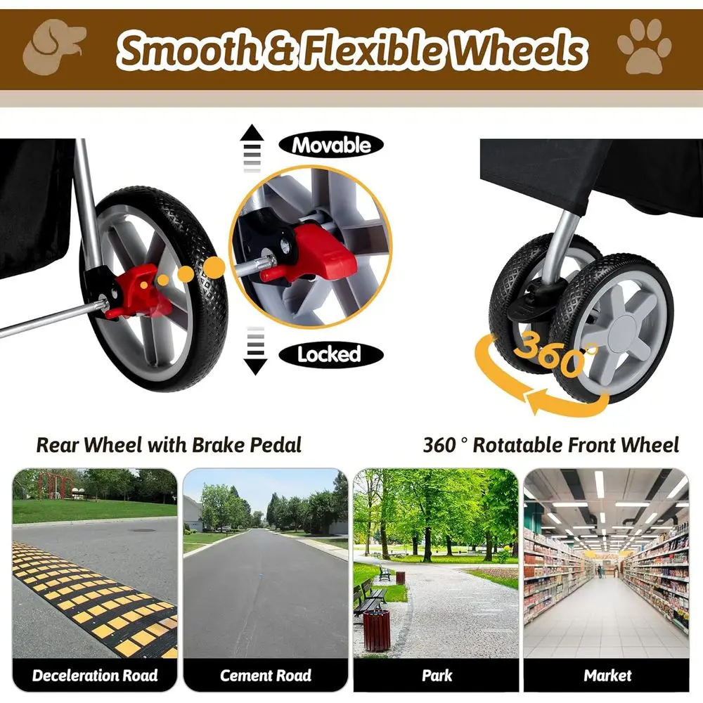 عربة أطفال قابلة للطي بأربعة عجلات للكلاب المتوسطة والصغيرة والقطط مع حامل أكواب، تخزين، شبكة مسامية، حامل لجميع المواسم - أسود