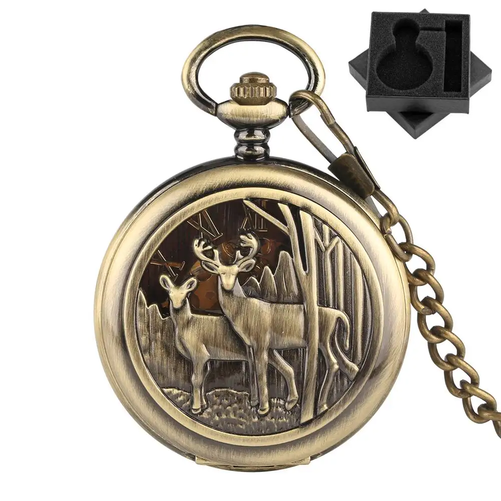 

Винтажный рождественский подарок, мужские бронзовые механические карманные часы с ручным заводом, двойной охотник, брелок-цепочка, кулон, часы с римскими цифрами, циферблат
