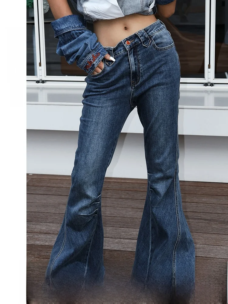 

Cool American Retro High Waist Bell Bottom Jeans Women's Casual Trousers Folded Hem Dragging Jeans Cotton Elastic Denim