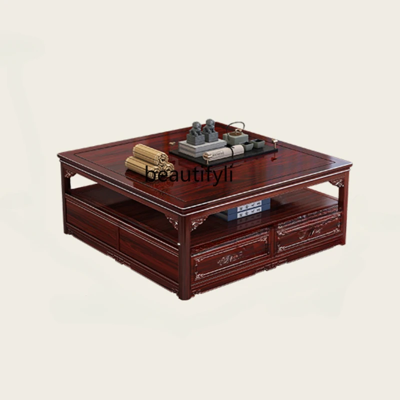 

Chinese Style Solid Wood Tea Table Living Room Home Small Apartment Square Belt Pumping Storage Classical Tea Table
