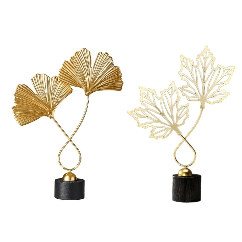 Iron Maple Ginkgo Leaf Statue with Base Home Decors for Interior Ornament