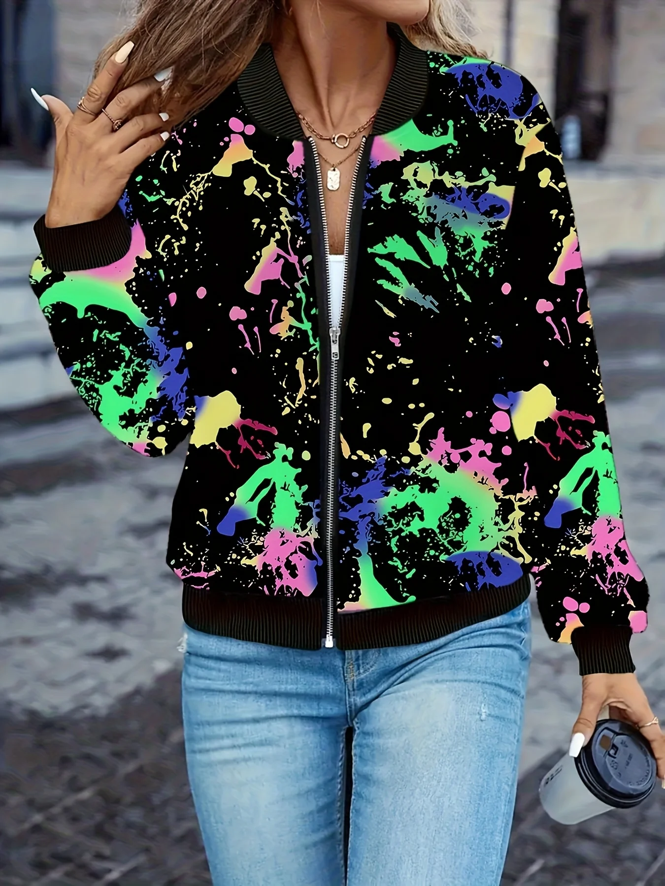 여성용 3D 프린트 재킷, 다채로운 패턴 디자인, 캐주얼 지퍼업 코트, 봄 가을 패션 아우터웨어