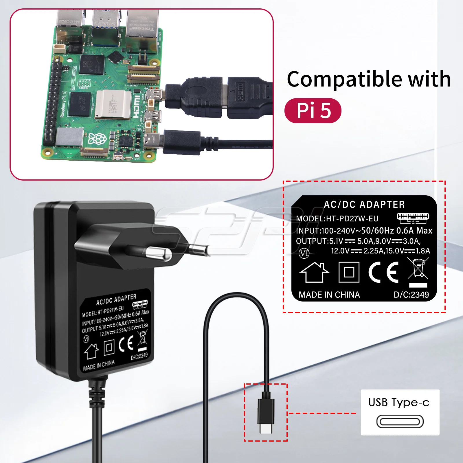 52Pi  Raspberry Pi5 5V 5A Power Supply Adapter AC/DC 27W Usb C Mangement 5FT Cable EU / US / UK Plug Charger for Raspberry Pi 5