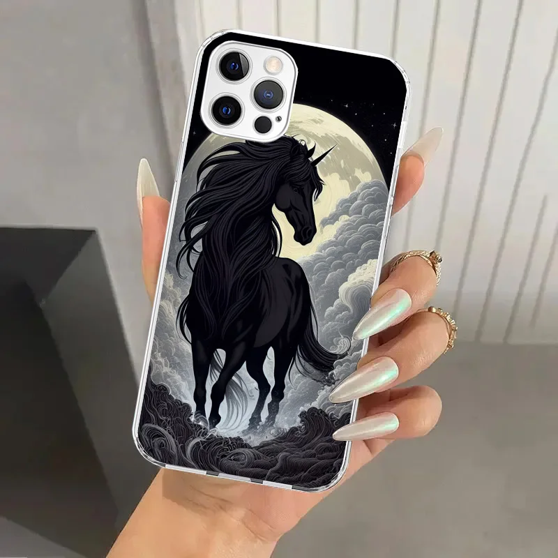 Animal Black Horse Phone Case for Iphone 16 15 14 13 12 Mini 11 Pro Max X XS XR 7 Plus 8 SE 2020 Soft Funda Print Shell