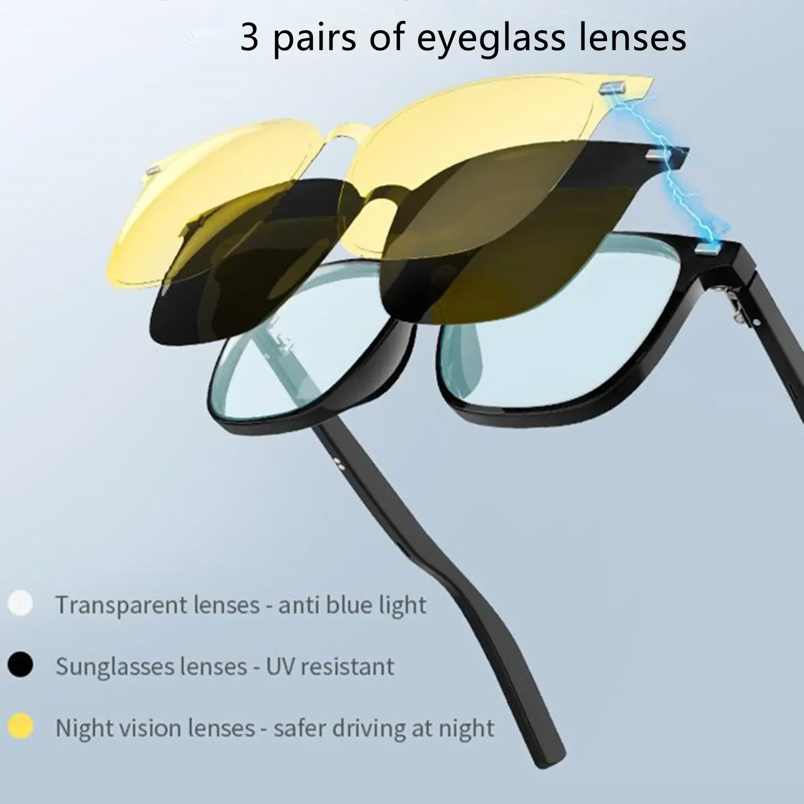 

Wireless Smart Glasses Mobile Phone Bluetooth Call Music Earphones 3 Pairs Eyeglass Lenses Sunglasses Polarization Eyewear Sport
