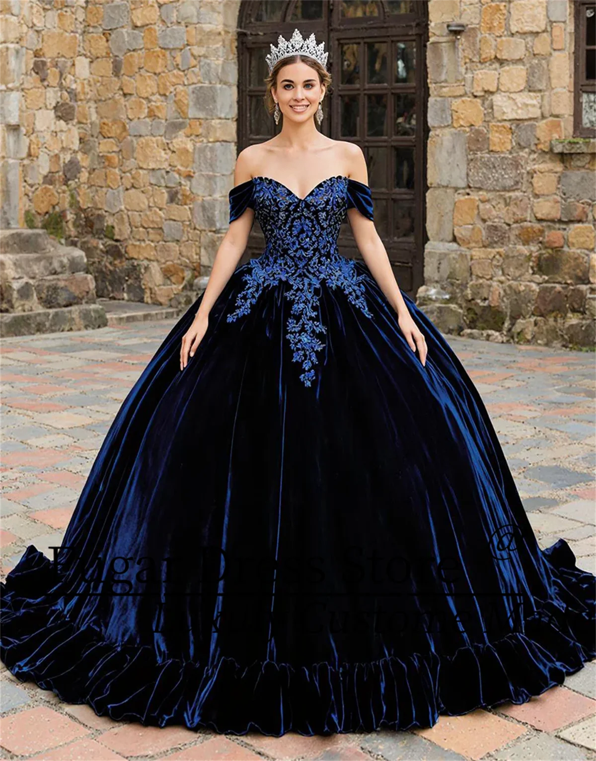 

Customized Sparkly Navy Velvet Princess Quinceanera Dresses Sexy Off the Shoulder Birthday Ball Gowns Vestidos de 15 quinceañer