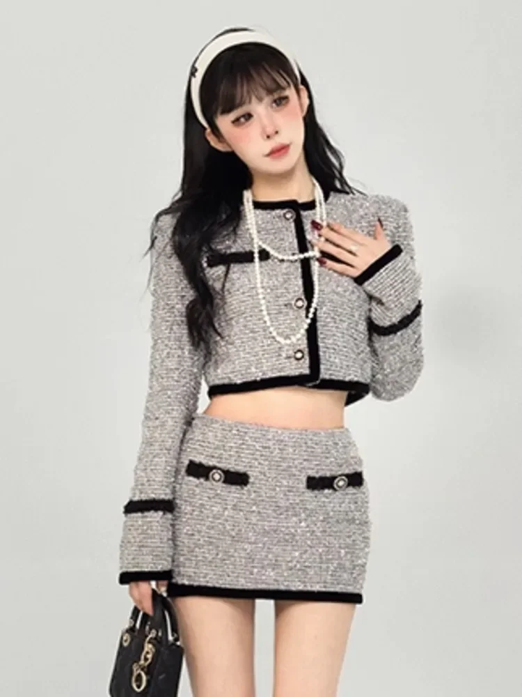 High Street French Small Fragrant Two Piece Set Women Short Jacket Coat + Skirt Suits Fall Winter Korean Fashion 2 Piece Outfits