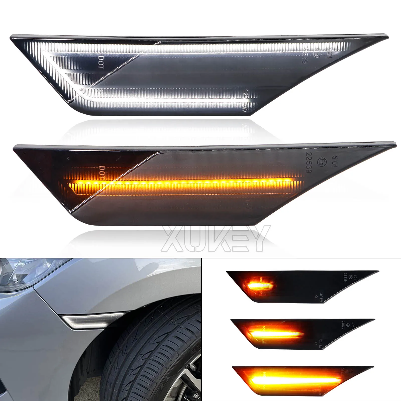 2x Front LED Side Marker Lights Turn Signal Lights Amber Sequential with White DRL for 2016-2021 Honda Civic Sport Hatchback