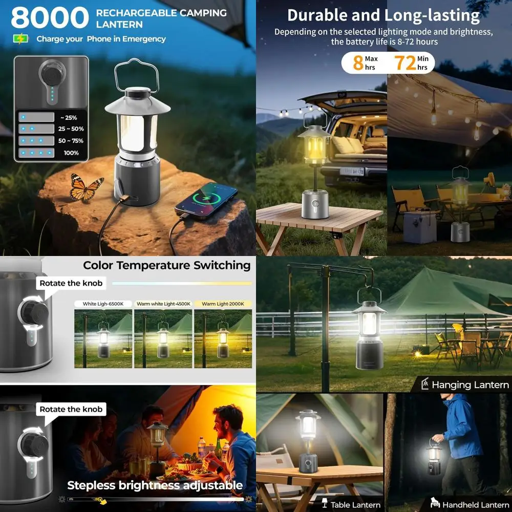โคมไฟตั้งแคมป์แบบชาร์จไฟได้, พาวเวอร์แบงค์ 8000mAh, ปรับหมุนได้ 360 องศา °   ไฟ LED, แหล่งกำเนิดแสงคู่, 3 โหมด (2000K-6500K) สำหรับใช้งานกลางแจ้งและ