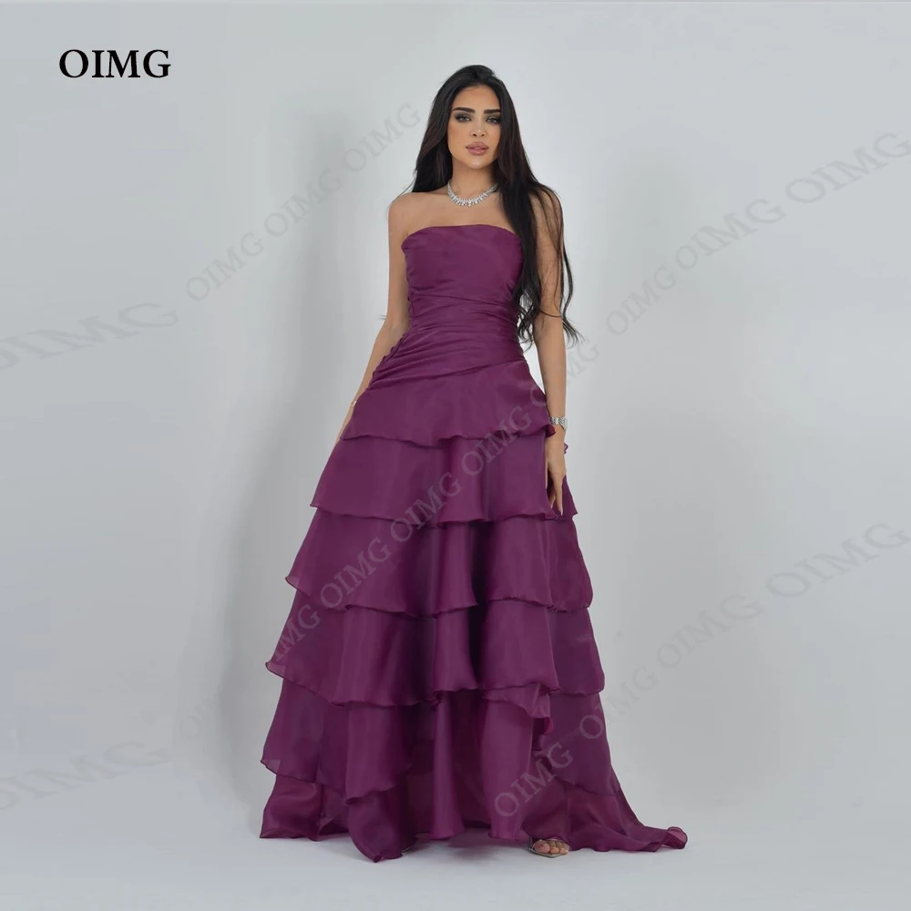 

OIMG Dark Purple Arabic Dubai Women Party Dresses Sleeveless Pleated Organza Floor Length Formal Prom Dress Evening Gowns