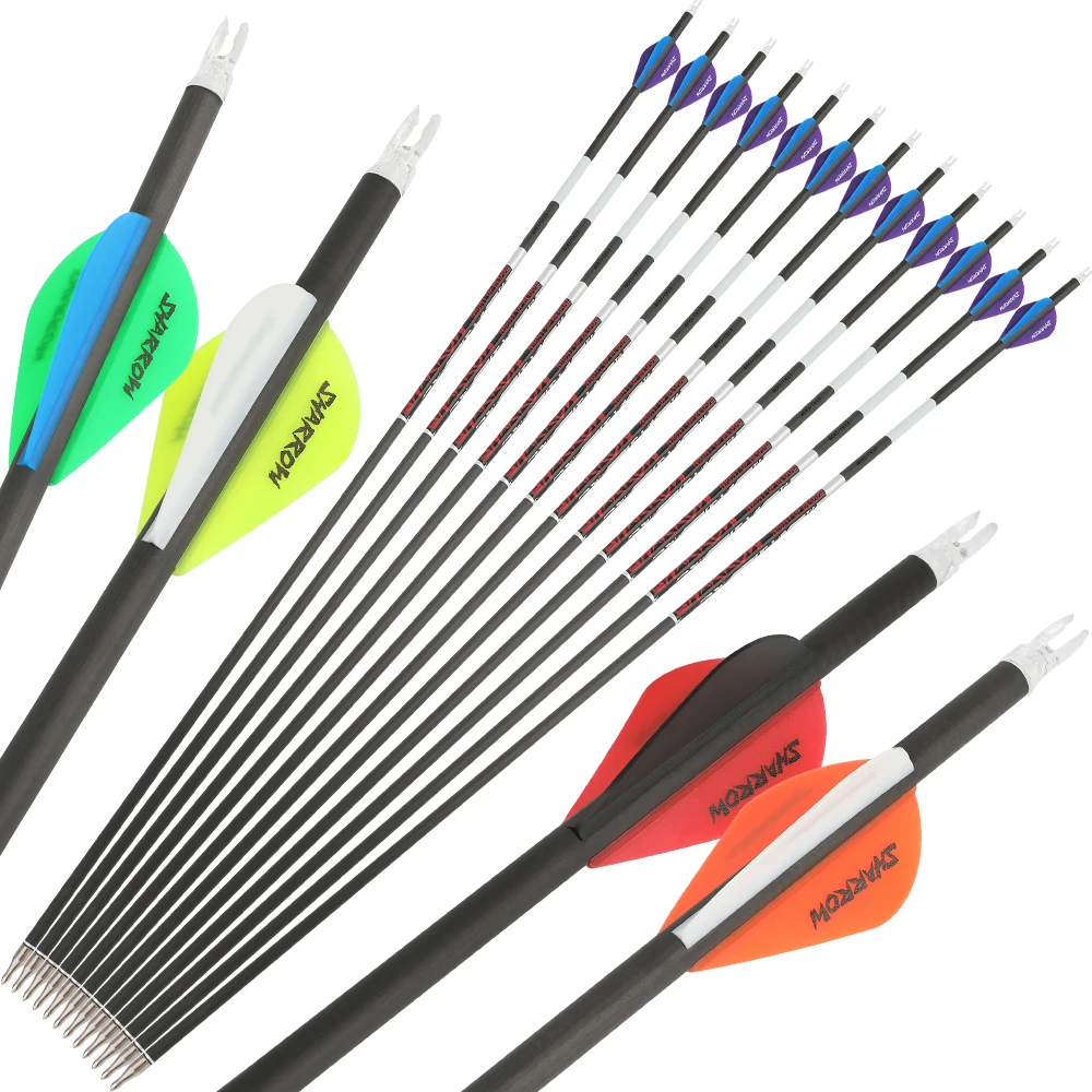 

12pcs Archery Pure Carbon Arrows Spine 300 350 400 500 600 Arrowhead 100gr Rubber Vanes Bow Outdoor Hunting Shooting Arrows