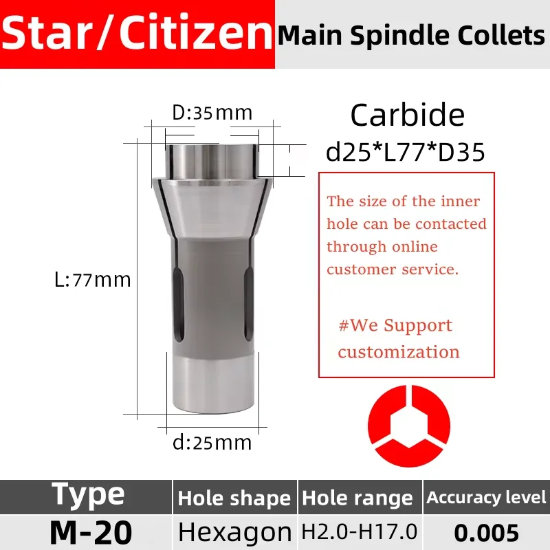 Hexagon Hole  Star SR20 Citizen Cincom M-20 F25 145E Collet Swiss type lathe chuck high precision Tungsten carbide Guide bush