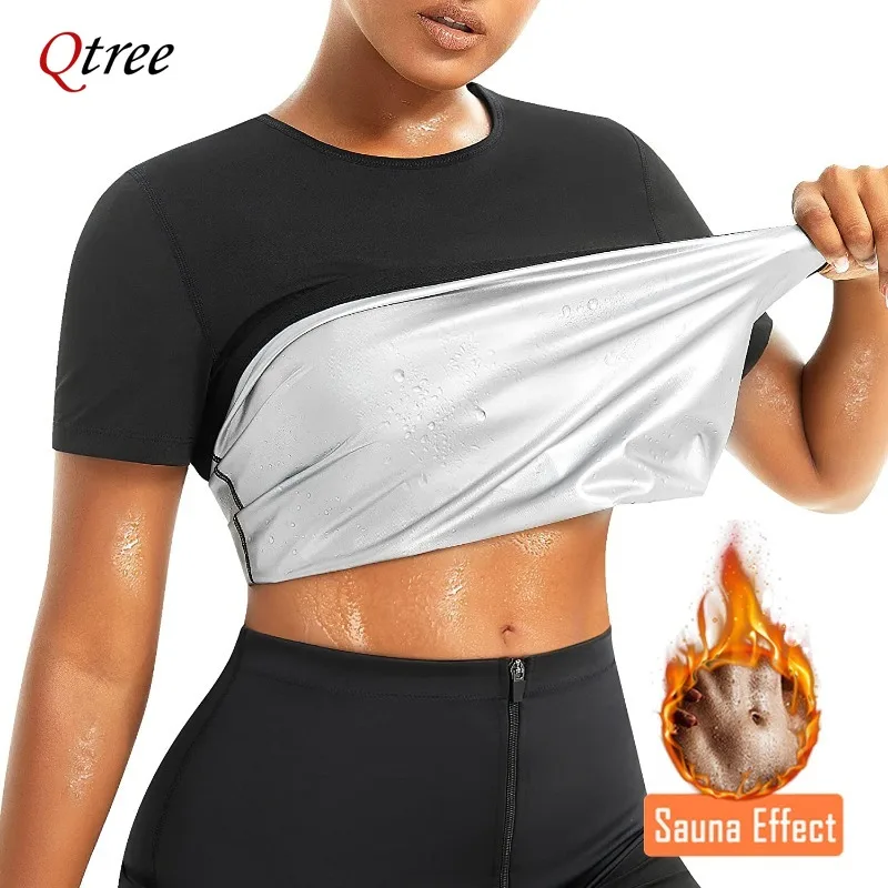 Qtree Sauna Shirt for Women Short Sleeve Sweat Suit for Weight Loss Compression Waist Trainer Workout Slimming Body Shaper Tops