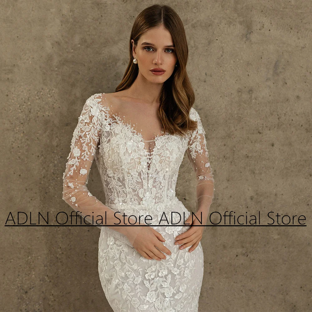 Robe de mariée sirène en dentelle avec poignées amovibles, robe de patients trompent, manches longues, encolure dégagée, appliques pailletées, élégante