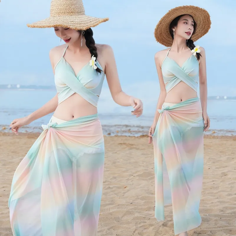 Women's 2026 Sleeveless Beach Swimming Bikini Two-Piece Tankini Set for Women Summer Vacation Wear with Rainbow Ombre Crop Top