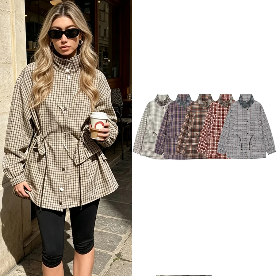 Women Coat 2026 New Autumn Multicolored Plaid Long Sleeve Loose Drawstring Decorative Coat Casual Fashion Ladies Outerwear