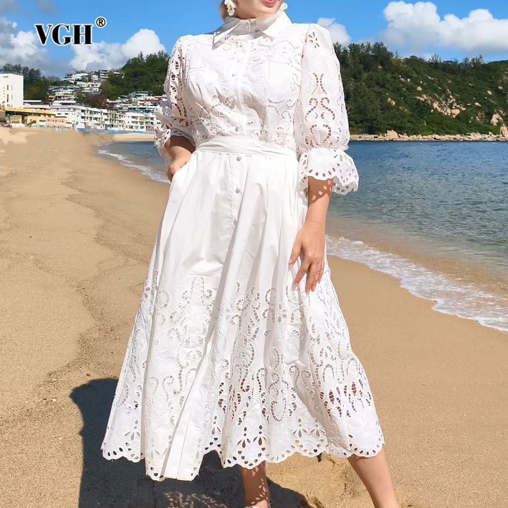 VGH Solid Vacation Patchwork Hollow Kleid für Damen, Revers, Midi-Ärmel, gespleißt, mit Schnürung, Freizeitkleider, Damenbekleidung, Herbst, Neu
