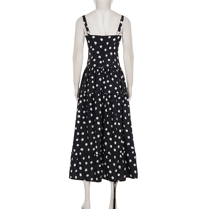 Férias polka dot a linha vestido fino-encaixe slash neck sem mangas maxi vestidos para mulher 2025 verão elegante moda streetwear