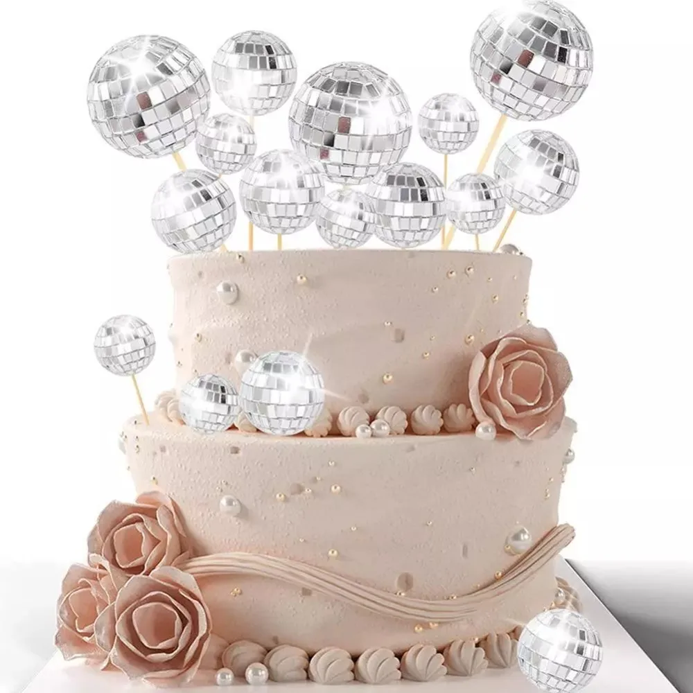 Espelho com Mini Bolos Bola com Bastão De Madeira, Decoração De Festa De Casamento, Bolo De Disco, Decorações De Baile, Decoração De Cozimento, Prata