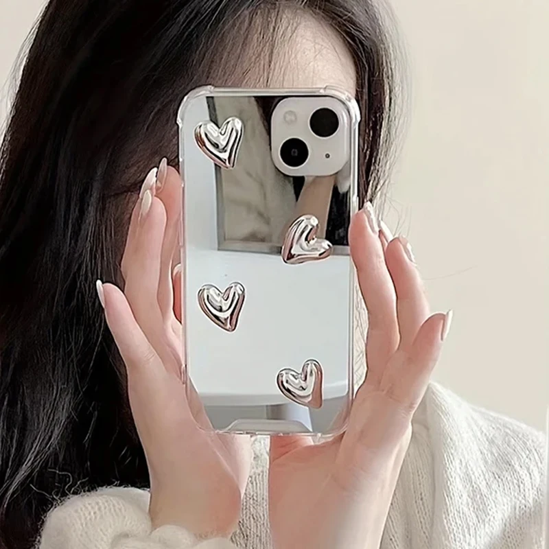 Korean Style Love Heart Soft Silicone Case For Samsung Galaxy S25 S23 S22 Ultra Plus S24 FE A56 A36 A16 A06 Silvery Mirror Cover - náhled 3