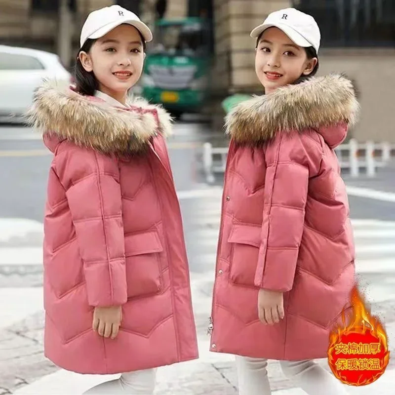 -30℃ Girls Padded Down Jacket Winter Kids Thick Warm Cotton Clothes Coat Lining Plush Hooded Outerwear Cold Parka Snowsuit 5-12Y