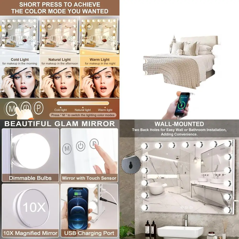Miroir de maquillage Hollywood éclairé, 24,4 x 21,2, LED 3 couleurs, port USB, miroir grossissant 10X, commande tactile, blanc
