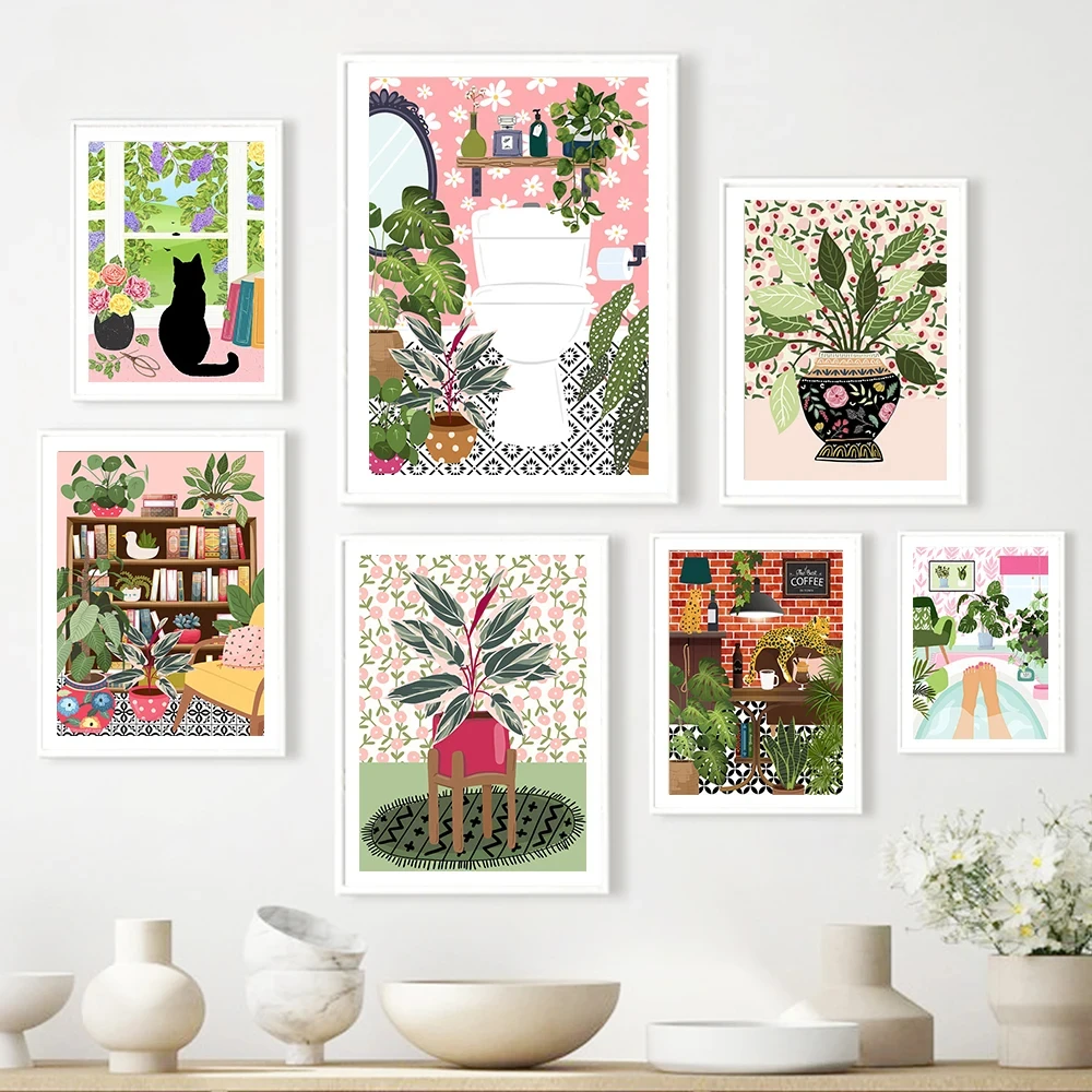 

Abstract Tropical Plant Flower Black Cat Posters Boho Wall Art Canvas Paintings Prints Wall Pictures For Living Room Decor