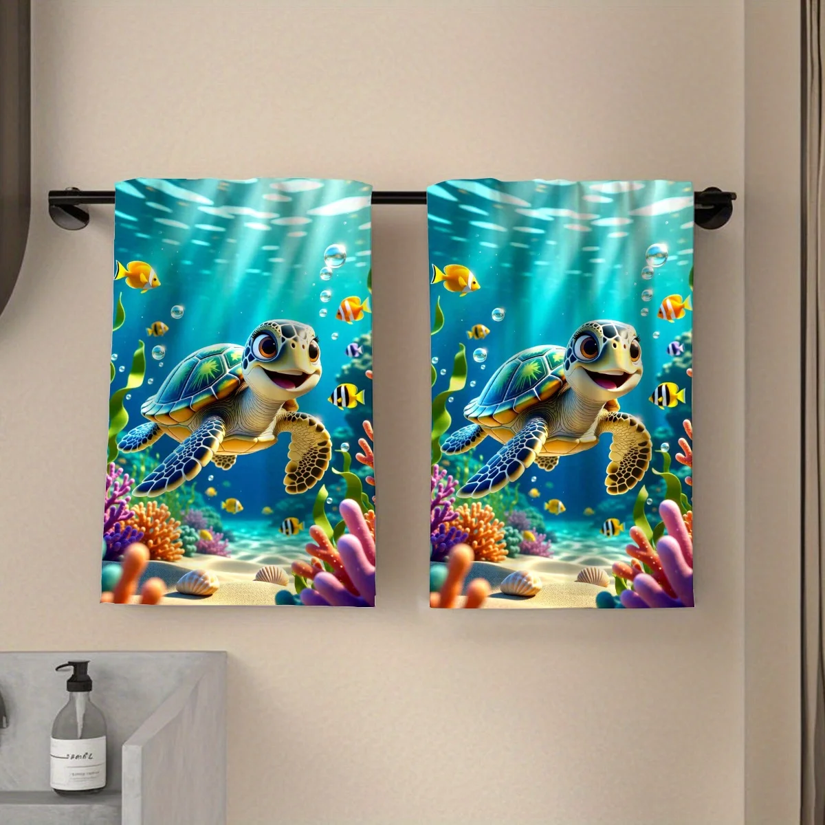 1Pc multi-size towel rectangular cartoon style turtle 2D pattern, suitable for bathroom kitchen beach pool