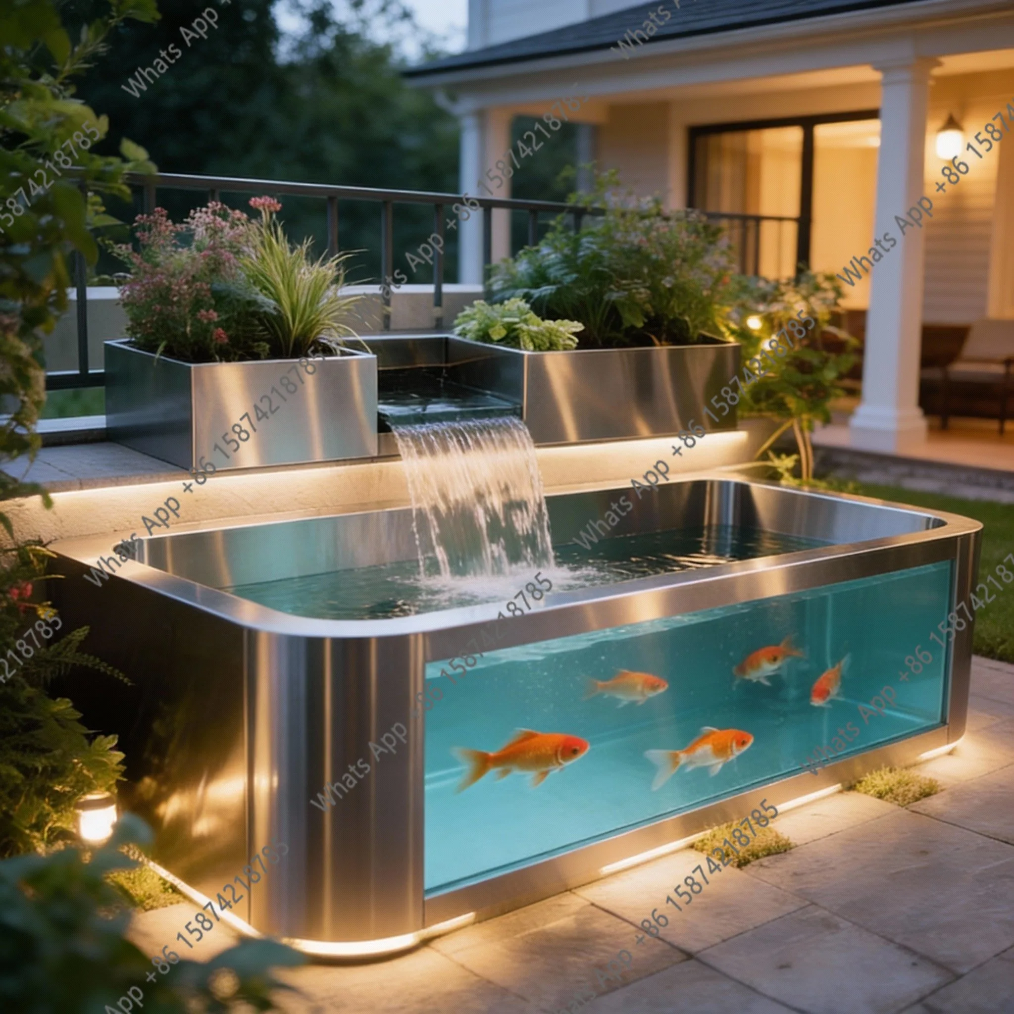 POutdoor Glass Fish Tank Stainless Steel Courtyard Landscaping Flowing Water Waterfall Circulation Water Feature Goldfish Tank