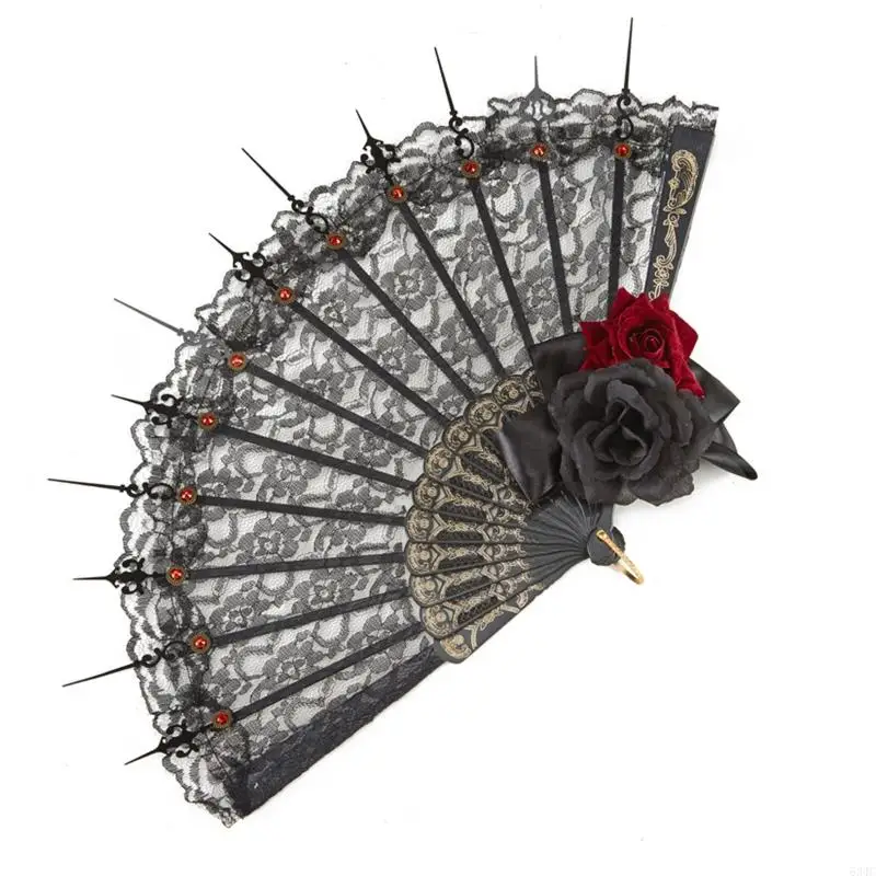 

634C Vintage Rose Lace Fan Dark Gothic Hand Fan Halloween Cosplay Props Gift