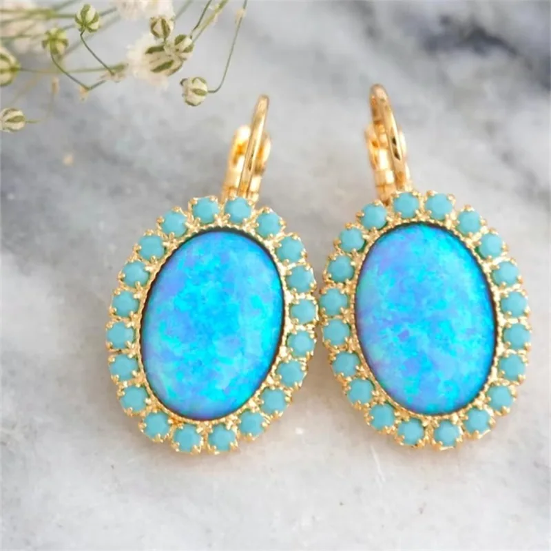 Vintaghe Inlaid Imitation Turquoise Opal Dangle Women's Earrings Trendy Gold Color Geometry Daily Wear Party Jewelry