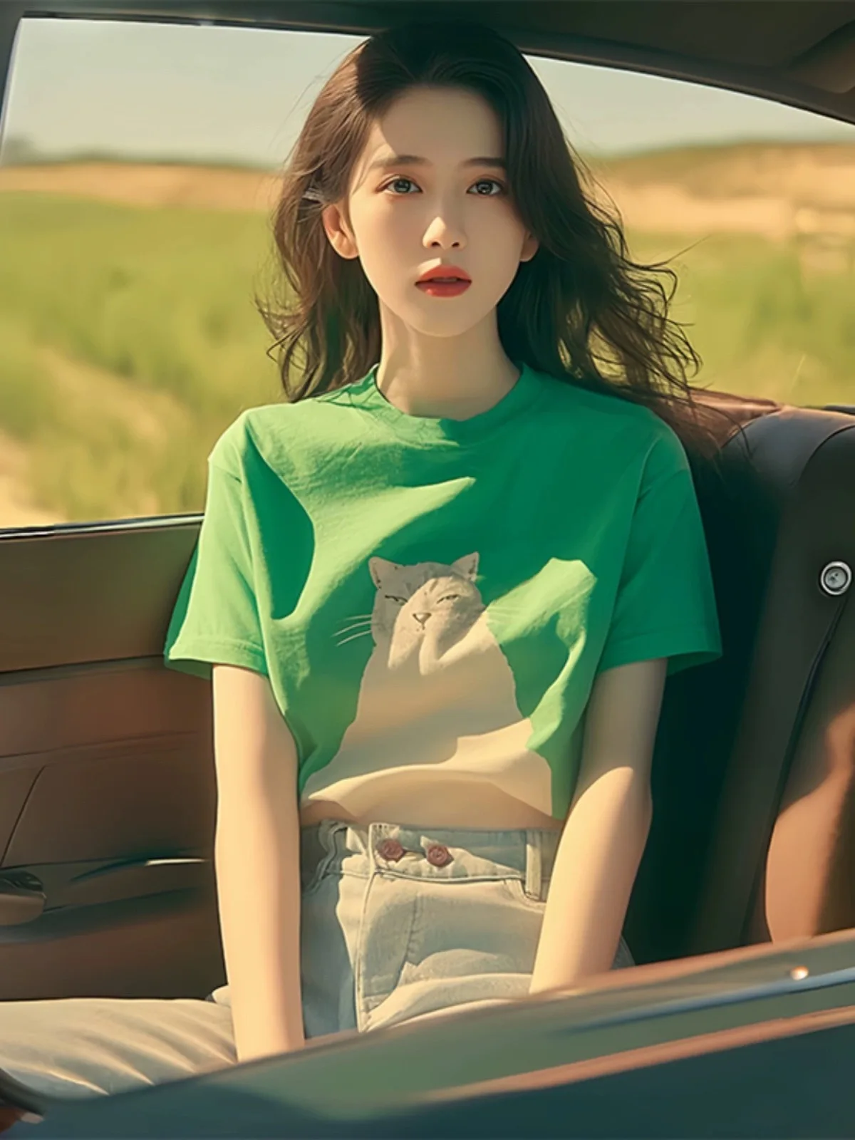 تي شيرت مطبوع عليه قطة بيضاء للنساء من Boweylun ، كتف إيجابي أخضر ، دوبامين بأكمام قصيرة ، قمة جلد صيفية ، رقبة مستديرة كاجوال ، فتيات