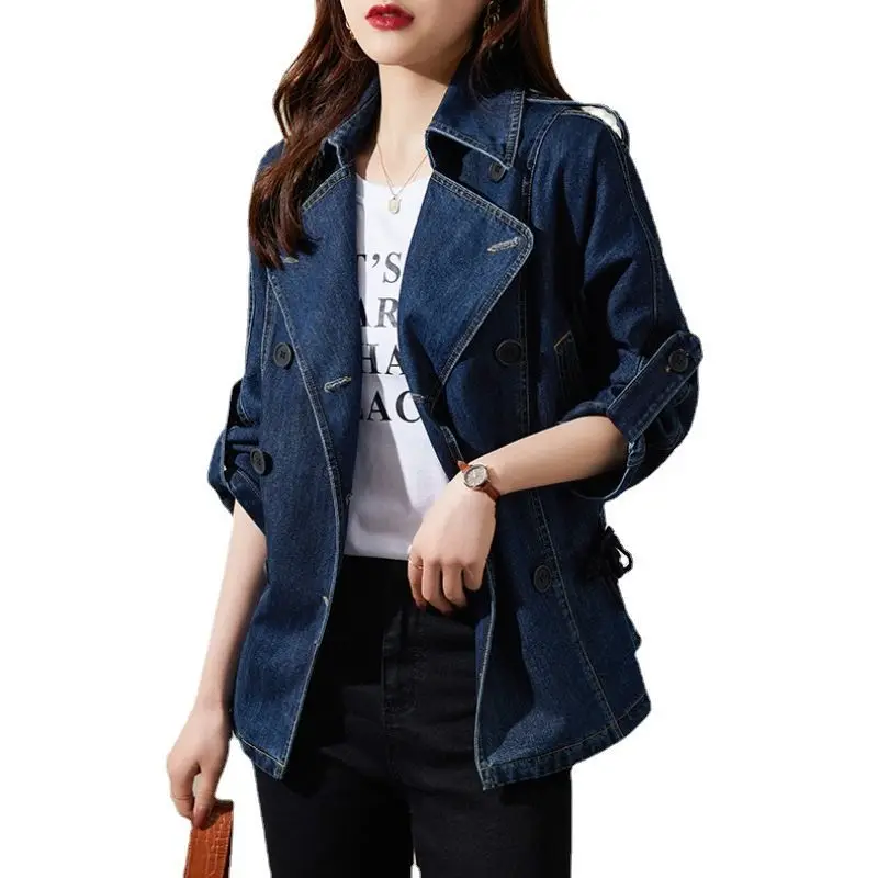 Vintage Jean Jacket Autumn Winter Double Breasted Blue Cloak Denim Outerwear Female Casual Lace Waist Coat Tops