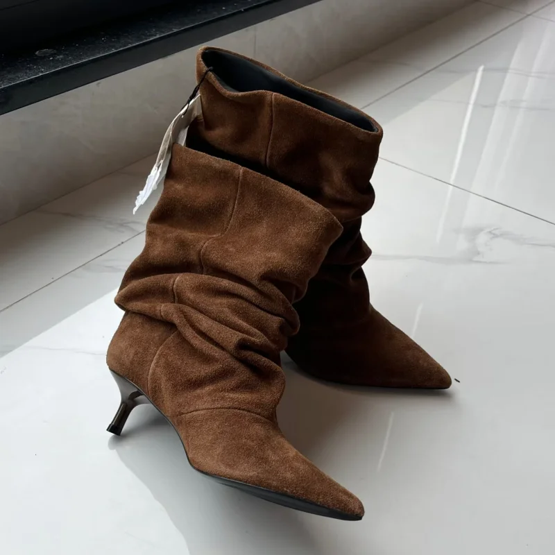 

Women Stylish Pointed-toe Suede Ankle Boots Multiple Pleats Design Slouch Boots European And American Slim Heels Stiletto Boots