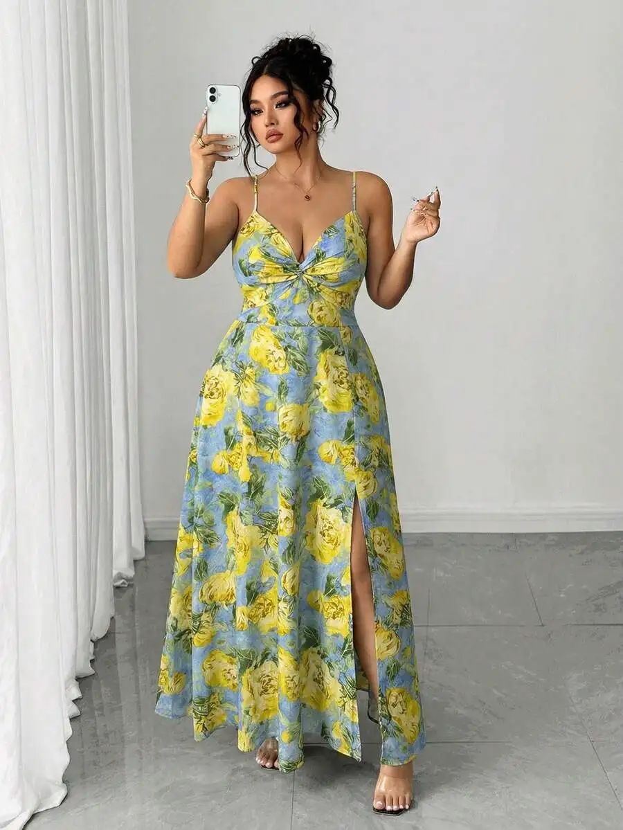 

Plus Size Women Floral Print Twist Front Tie Waist Maxi Dress With Side Slit For Vacation Date
