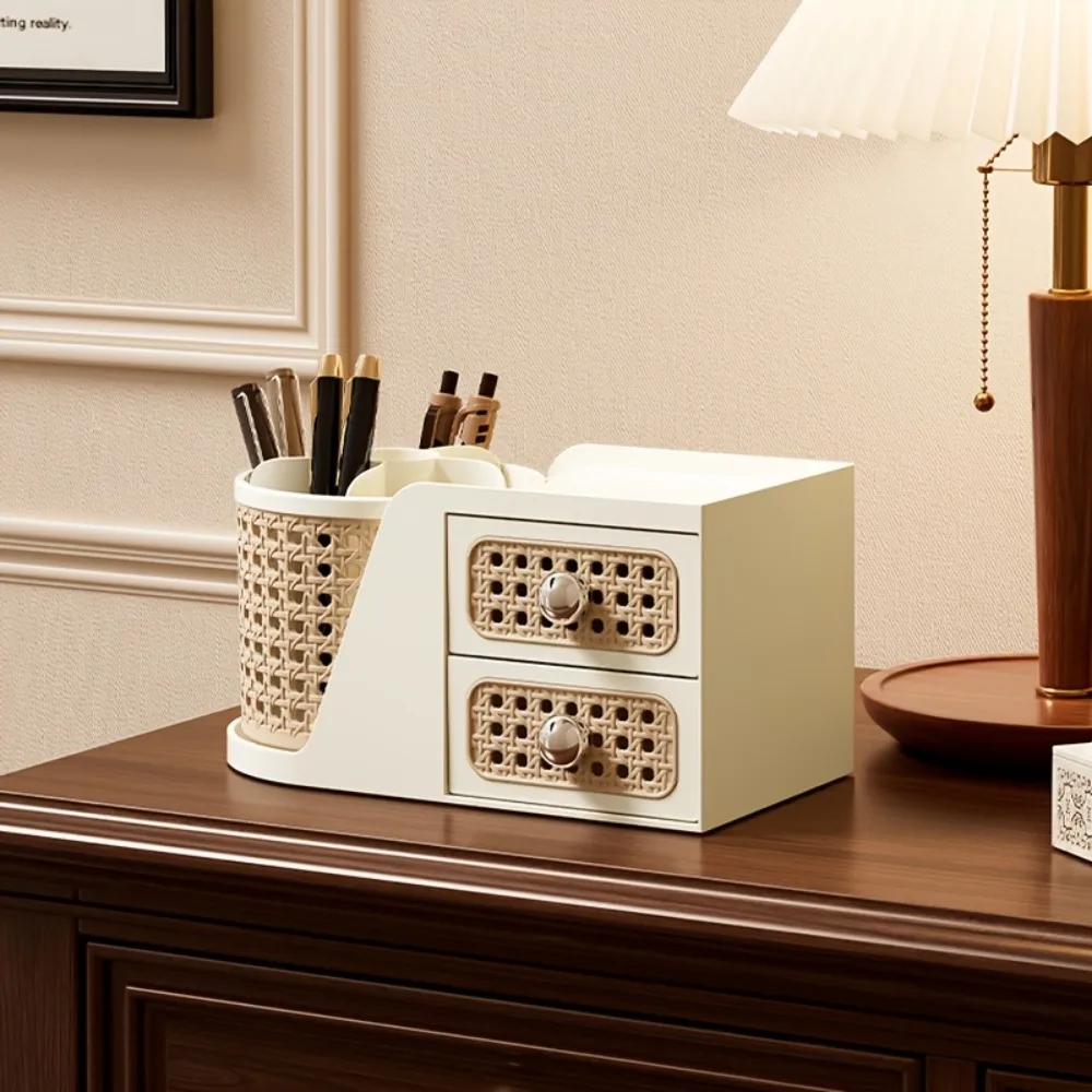 Mid-Century Modern Desk Organizer with Drawers Rattan Style Cosmetic Makeup Brush Holder for Office Home Vanity Storage Box 1pc view 5
