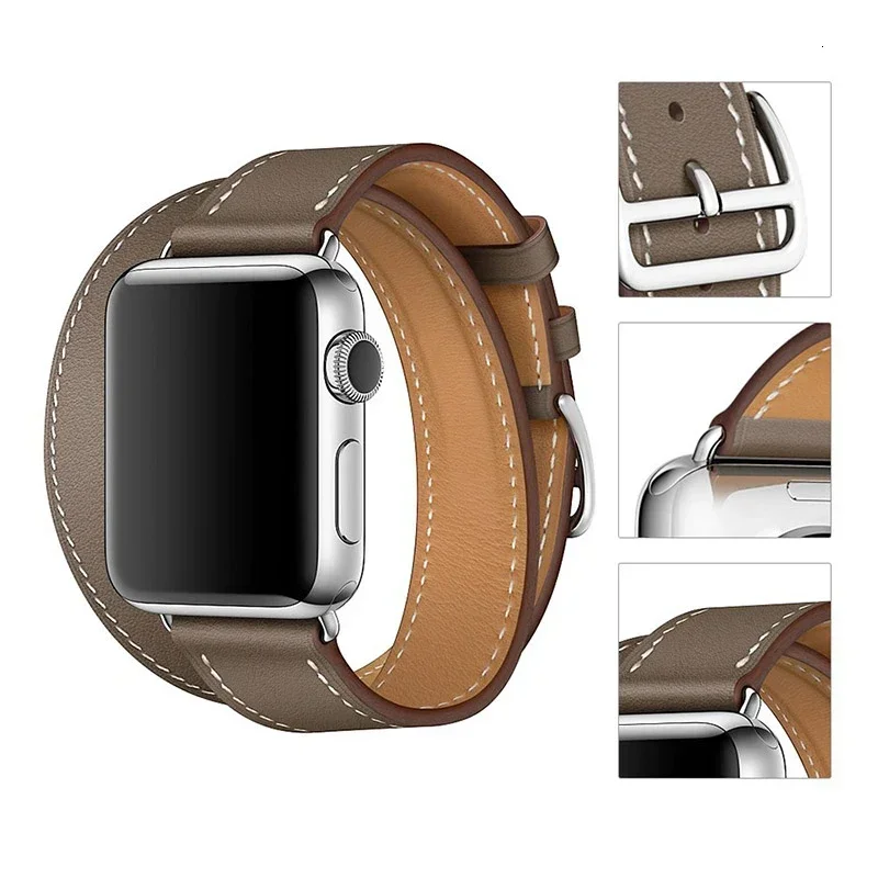 Leather Strap for Apple Watch Band 10 9 8 7 46mm 45mm  41mm Double Loop Comfort Bracelet Wristband for 6 5 4 SE 44mm 40mm 3 42mm