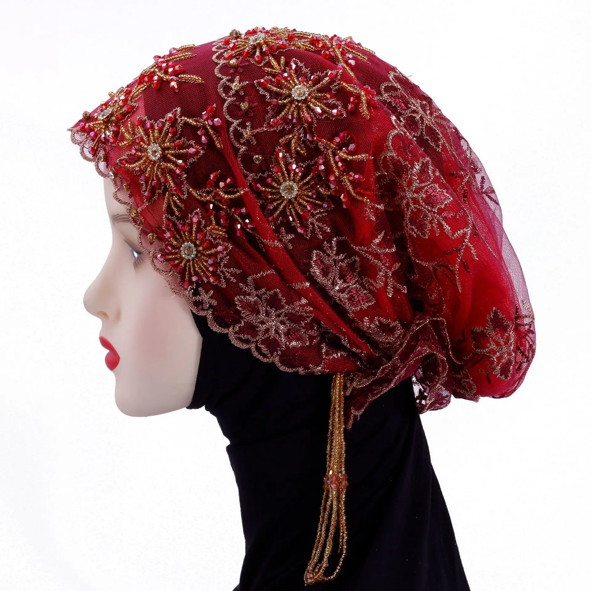 

2026 New Luxury Women's Hats Hijabs Mesh Fabric Bead Tassel Hat Diamond Thread Embroidered Islam Red Gorgeous Africa Prayer Caps