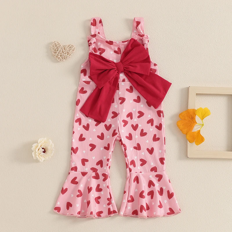 

Kids Girls Overalls Spring Summer Heart Print Flare Pants Big Bowknot Decor Valentine’s Day Clothes for Casual Daily