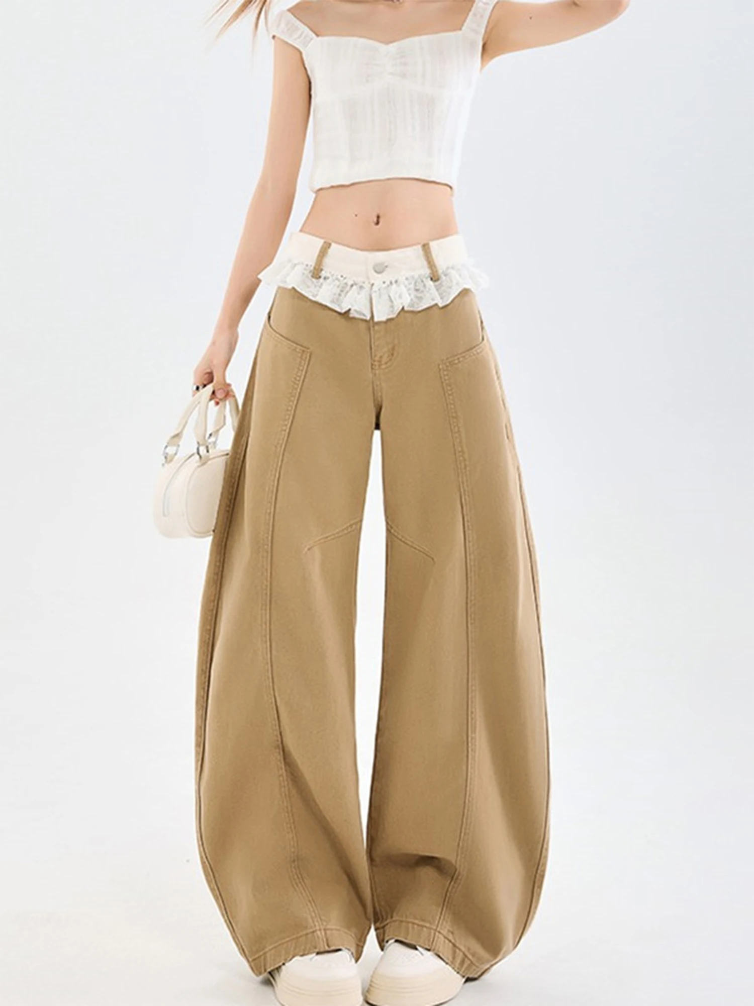 

Women's Khaki Jeans Vintage Harajuku Y2k Baggy Denim Long Pants Japanese 2000s Style Wide Leg Denim Trousers Oversizes Clothes