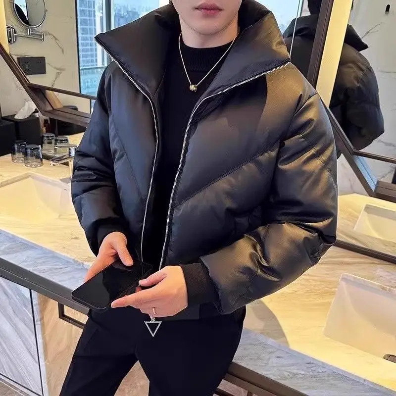 Harajuku Winter Thick Padded Cotton Jacket Men Warm Solid Color Simple Bread Style Turn Down Collar Loose Casual Coat Outerwear