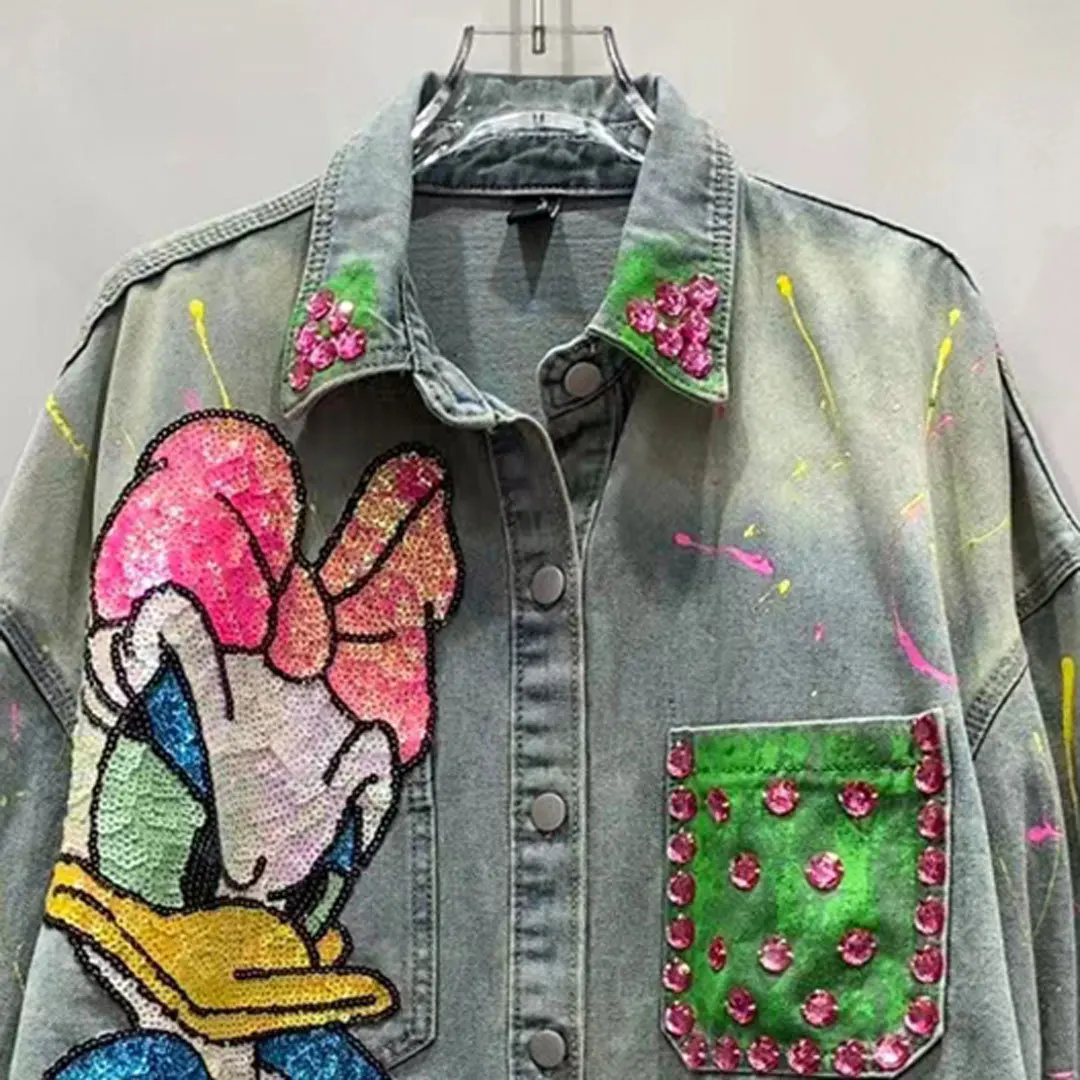 Blue Graffiti Cartoon Sequined Denim Jacket Female Loose Casual Top 2024 Spring and Autumn New Trendy Vintage Shirt Women