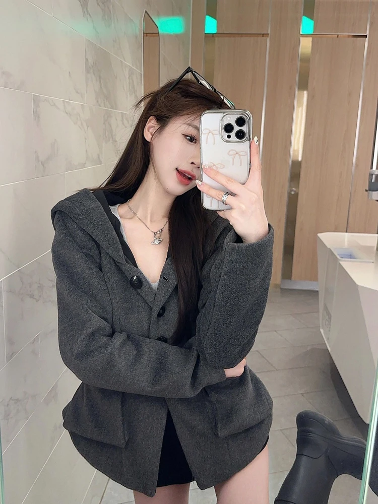 

Hot Sale Women's Black Gray Wool Coat Autumn Winter Warm Hooded Jacket Korean Style Available