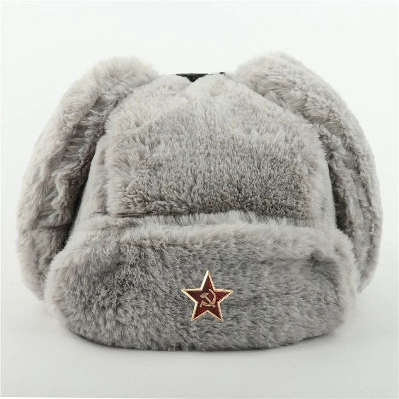 Men Women Soviet Badge Russian Ushanka Pilot Bomber Hat Mens Faux Fur Army Military Winter Trapper Earflap Snow Caps