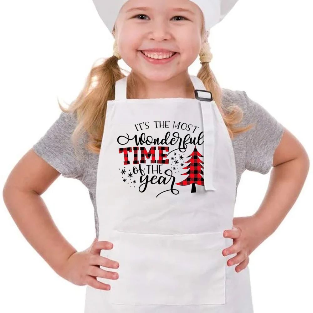 Merry Christmas Deer Print Baking Children\'s Apron Xmas Kids Baking Apron Mini Chef Gift for Child Christmas White Bakers Apron