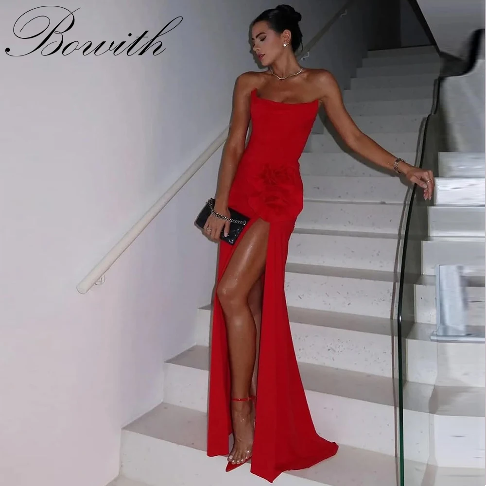 

Bowith Red Side High Slit Sexy Evening Dresses for Women Strapless Handmade Flowers Customized Formal Evening Gown for Women