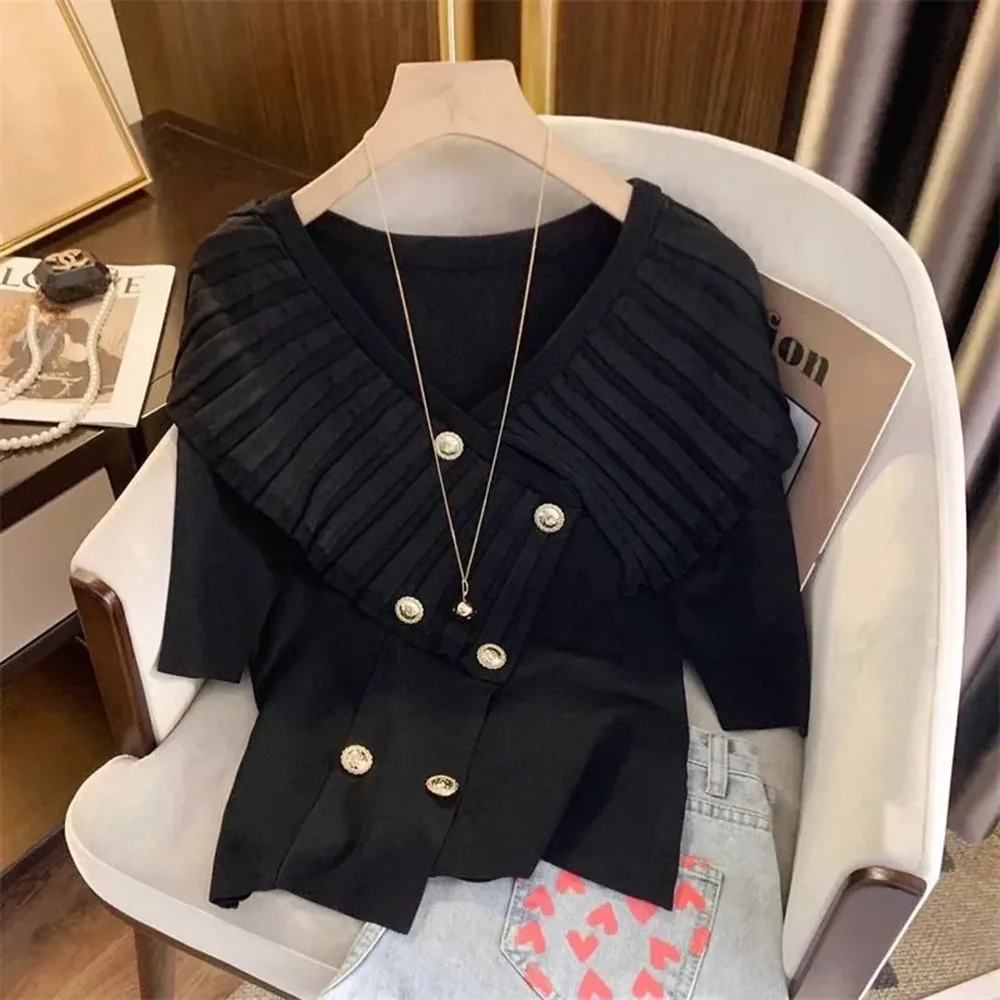 

Irregular Ruffles Knitted T Shirt Women's Summer Fashion Button Short Sleeve Pleated Sweater Tops Ladies Elegant Ice Silk Tees