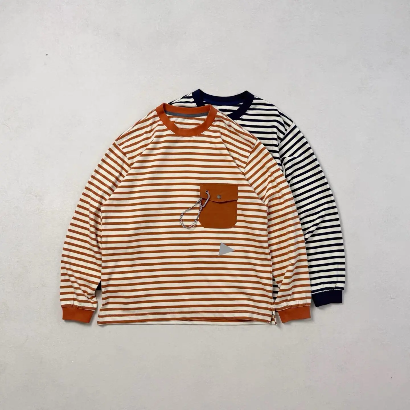 AND Mountain System Retro Heavyweight Striped Pocket Long Sleeve T-Shirt Loose Unisex Nautical Stripe Top Breathable Cotton